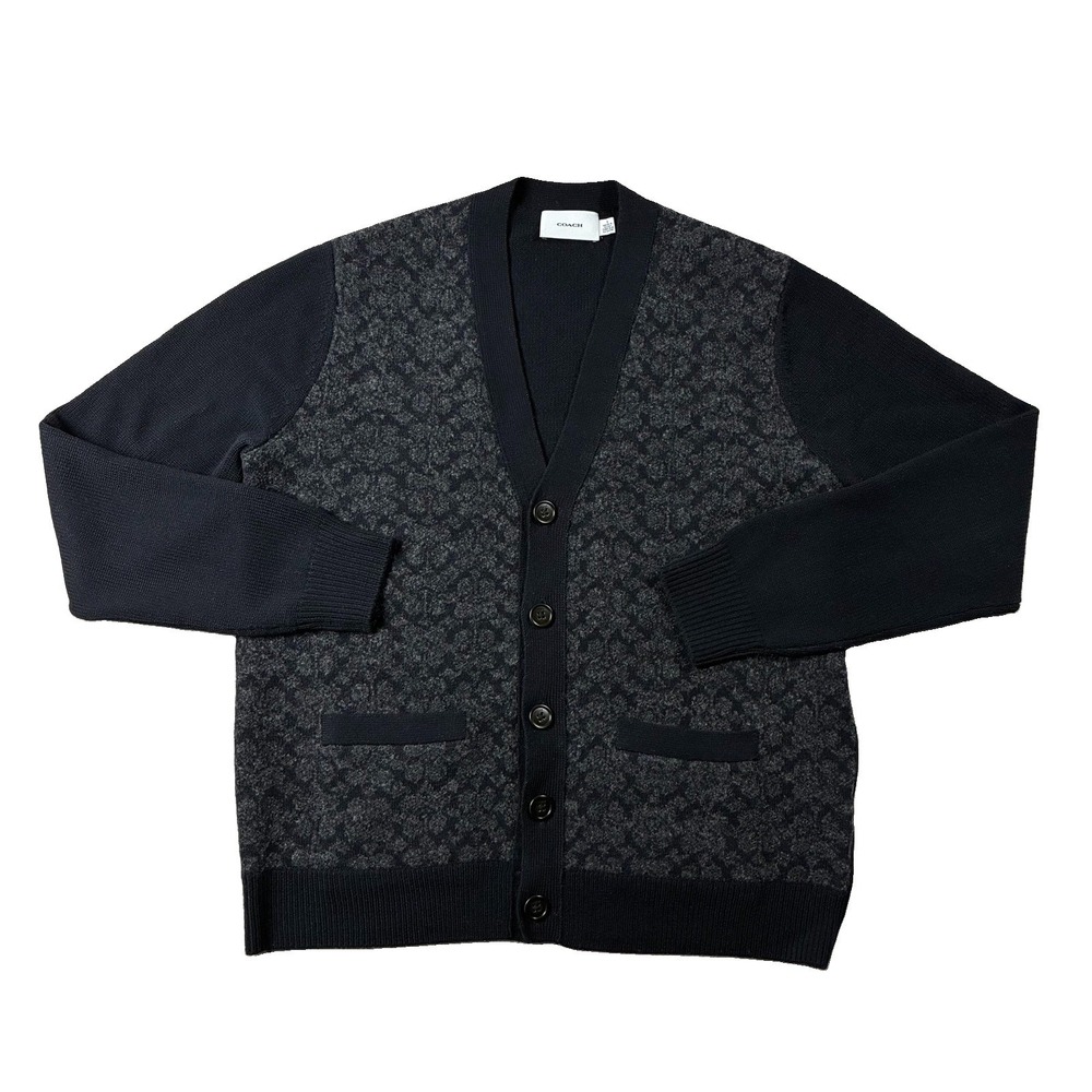 Coach Outlet Signature Knit Wool Blend Cardigan V-neck Black Mens S Quiet Luxury